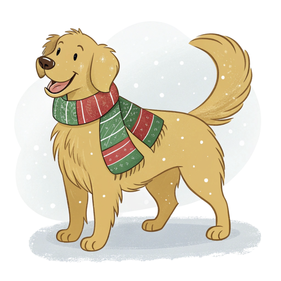 A cartoon golden retriever wearing a scarf and hat png