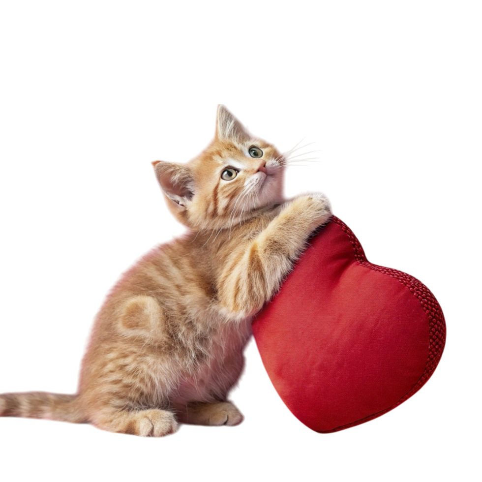 A kitten is holding a red heart shaped pillow png