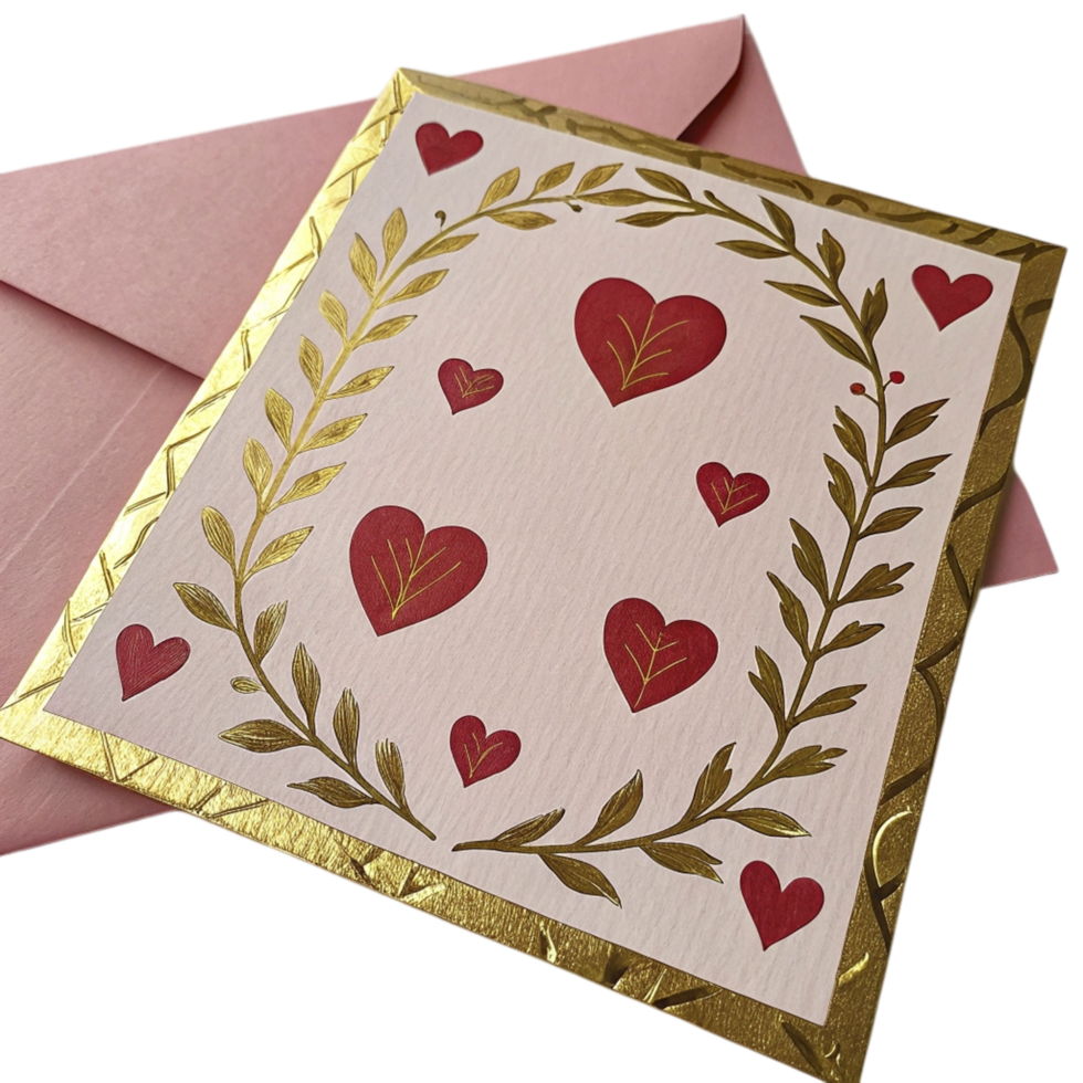 A pink envelope with a gold foil heart design on it png