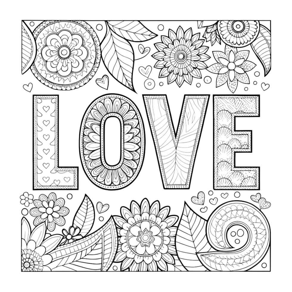 A black and white drawing of the word love with floral patterns png