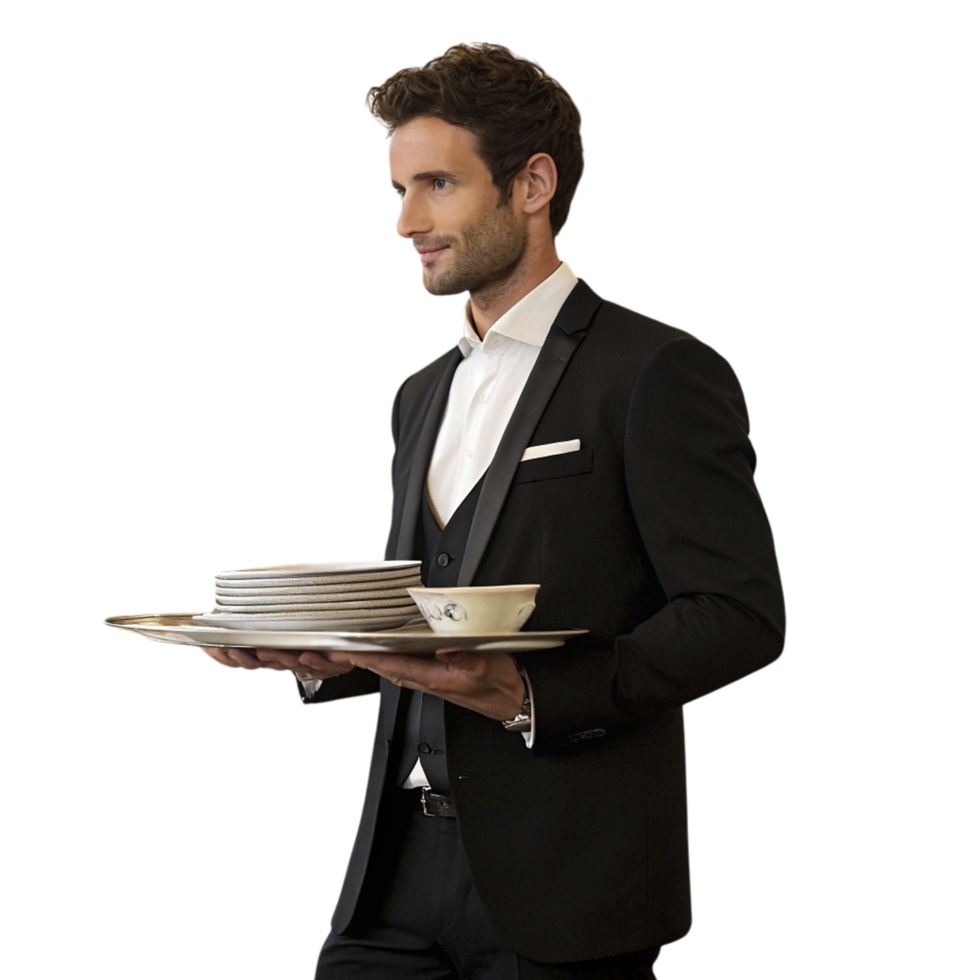 A man in a suit holding a tray with plates png