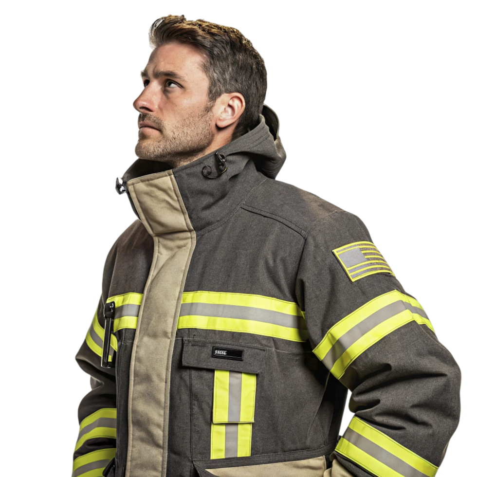 A man wearing a firefighter jacket and hat png