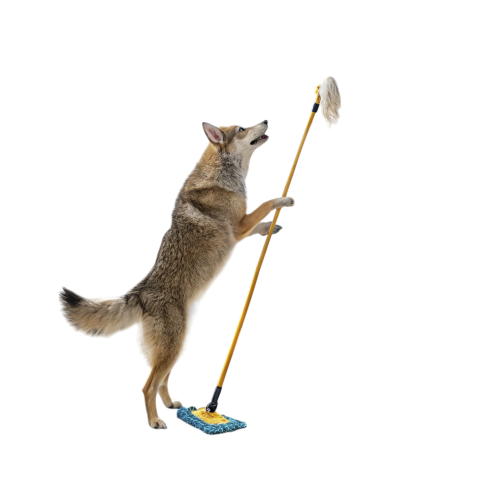 A dog standing on its hind legs with a broom png
