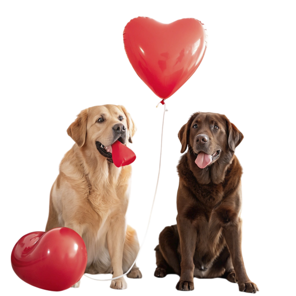 Two dogs with heart shaped balloons png