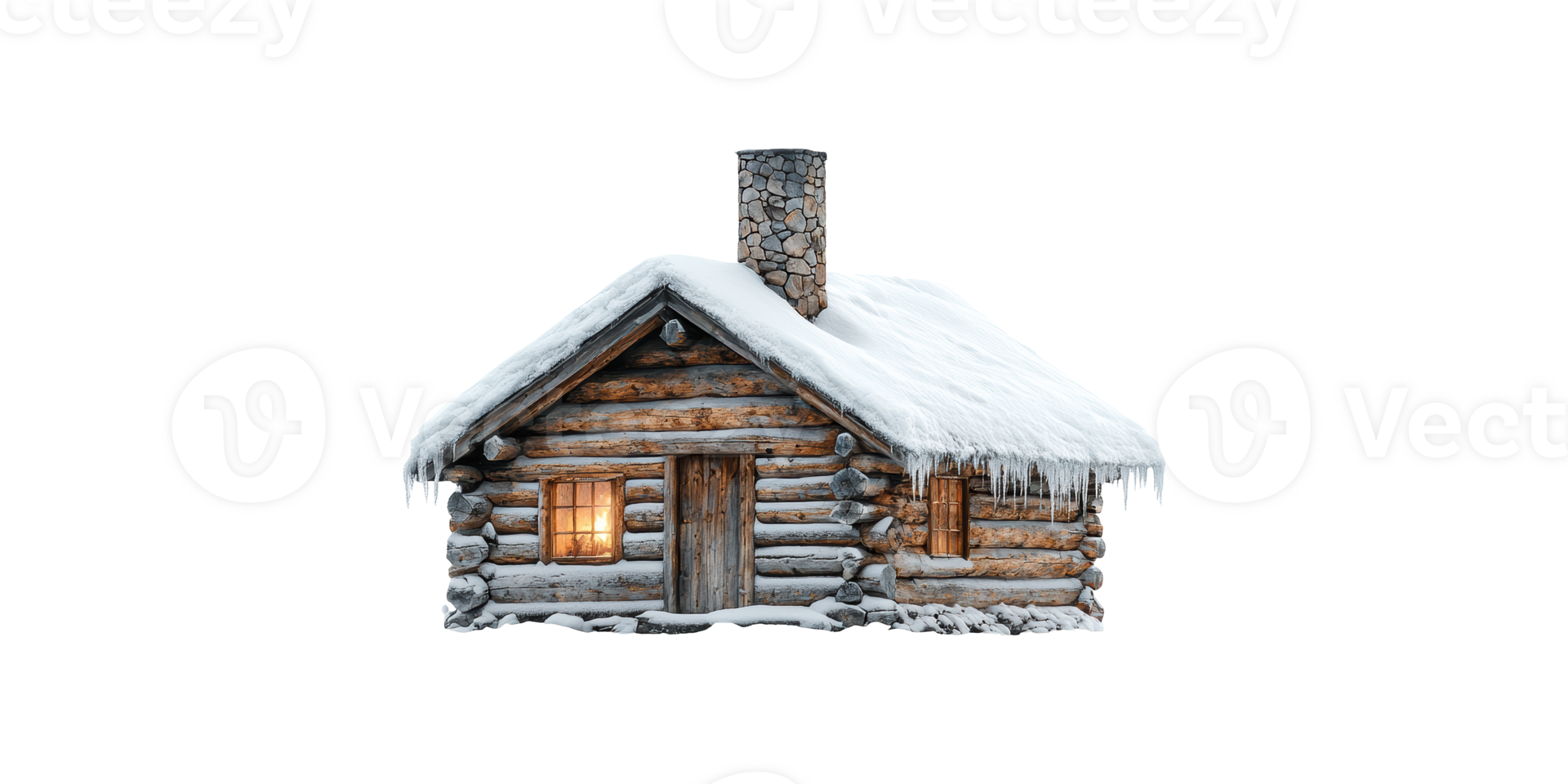 Cozy snow-covered log cabin with chimney isolated on transparent background png