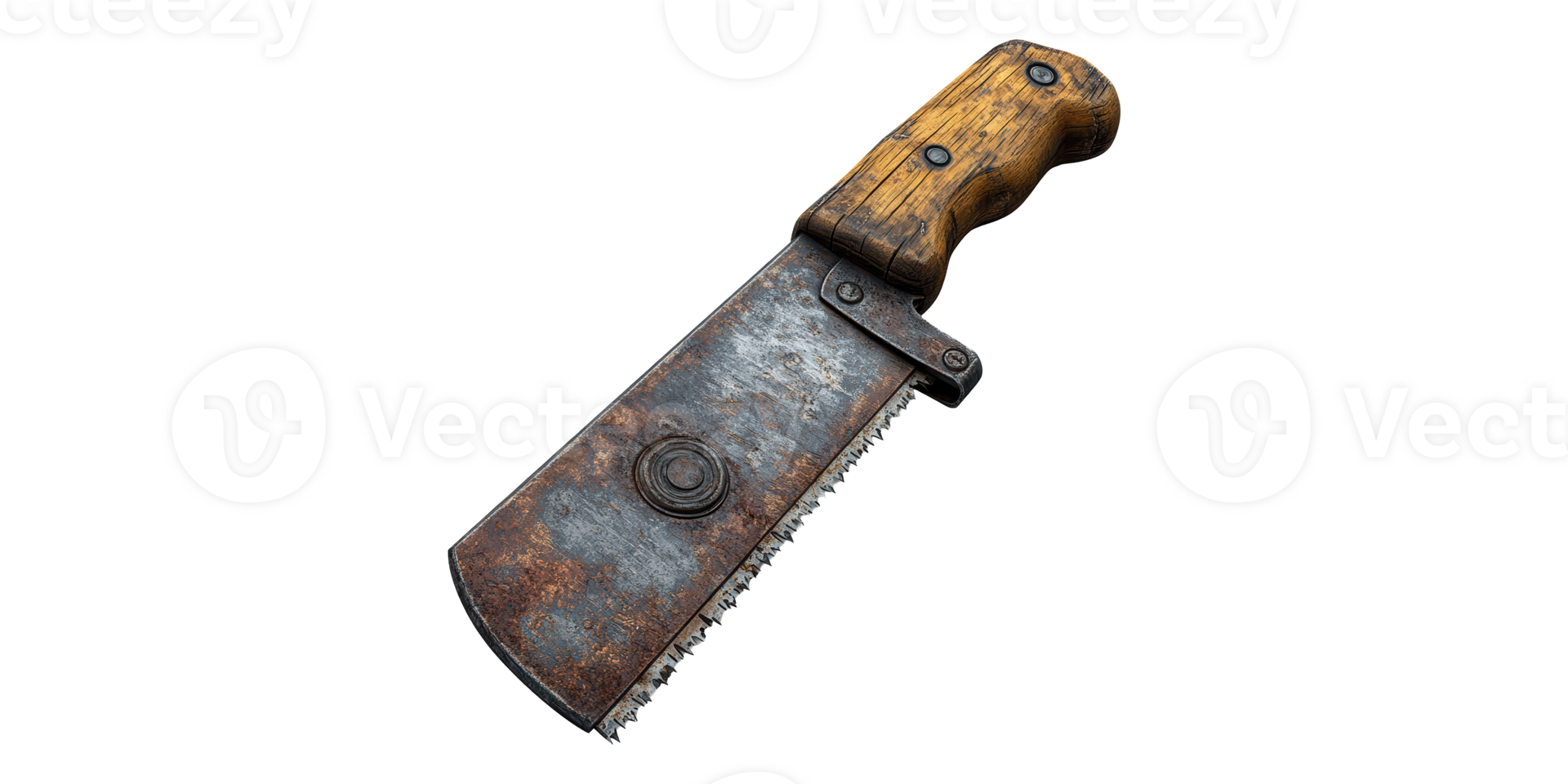 Vintage rusty cleaver knife with wooden handle isolated on transparent background png