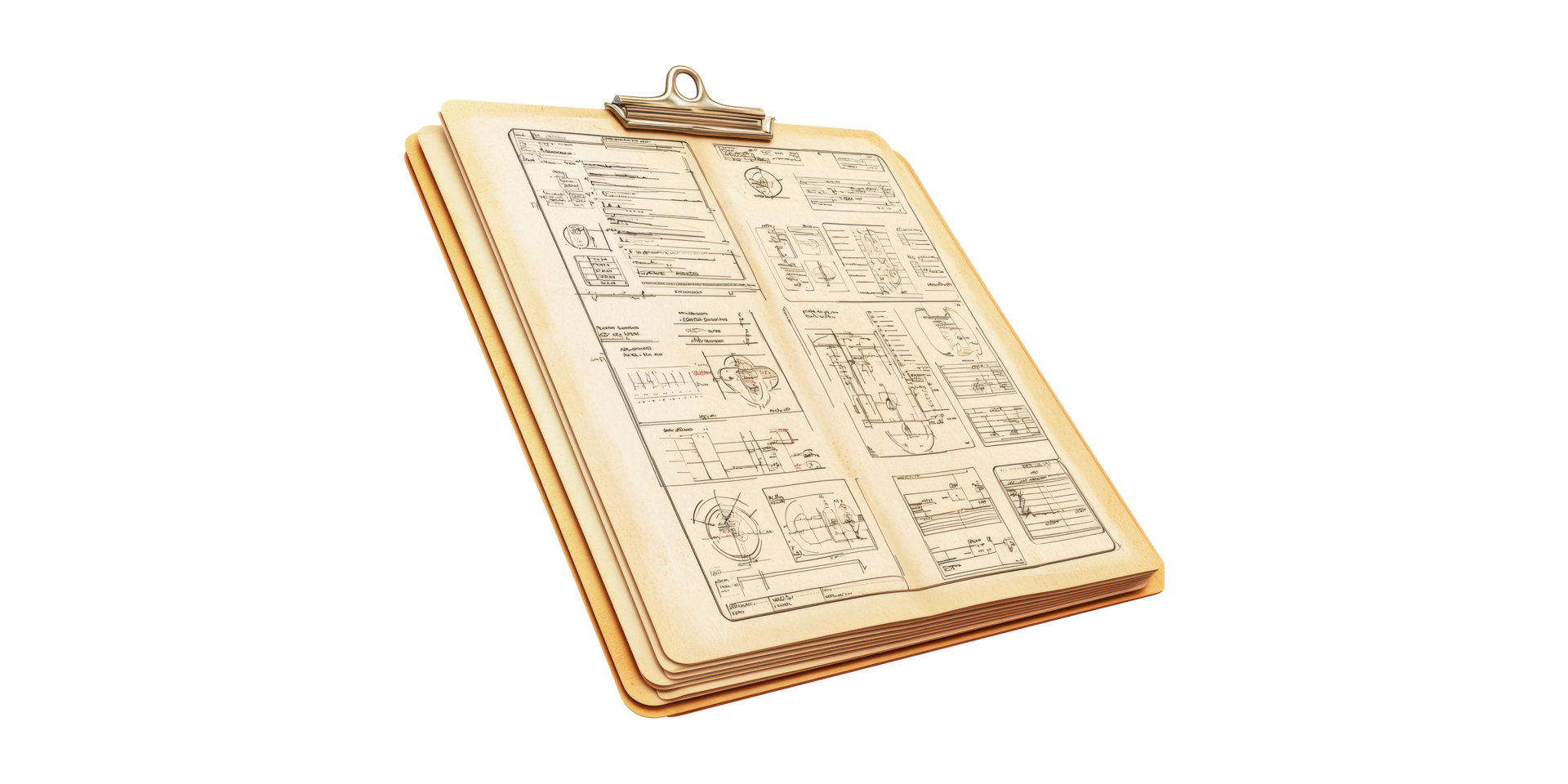 Engineering blueprints on clipboard isolated on transparent background png