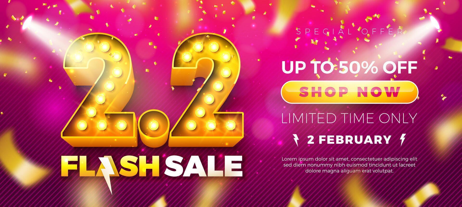2 February Shopping Day Flash Sale Design with 3d 2.2 Light Bulb Billboard Number and Falling Confetti on Red Background. Special Offer 50 Percent Off Campaign Discount Illustration for Coupon vector