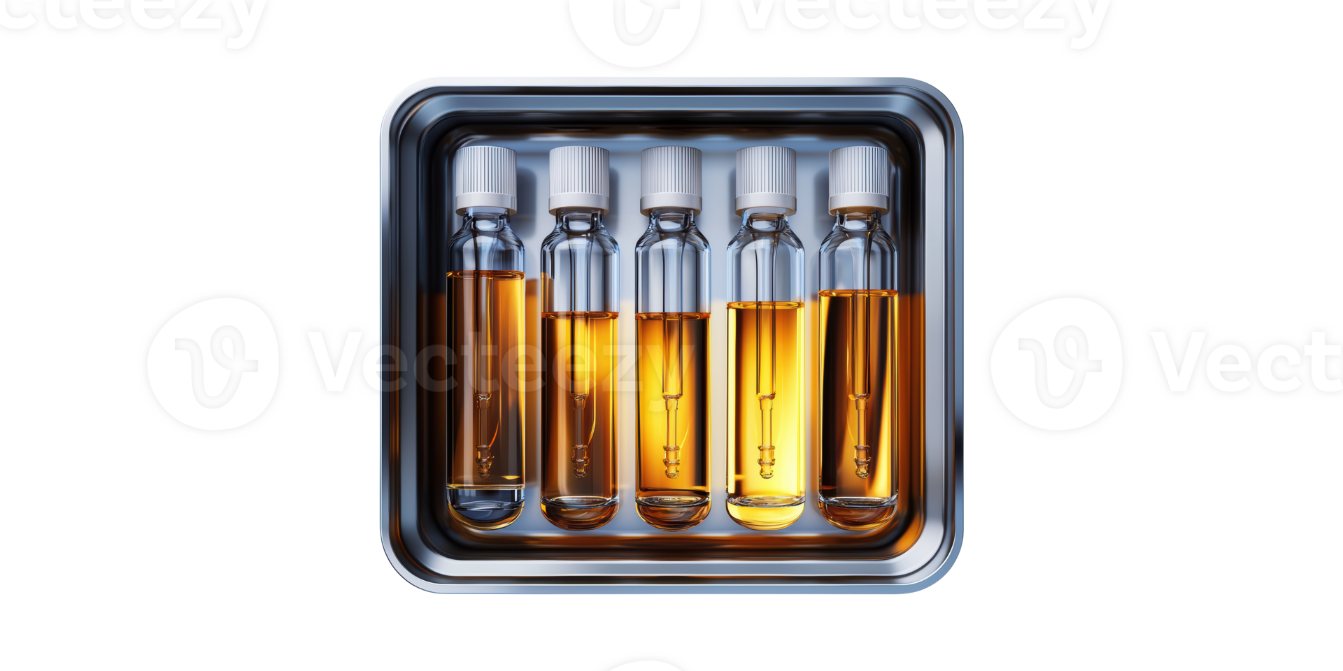 Five glass bottles with amber liquid in metal tray isolated on transparent background png
