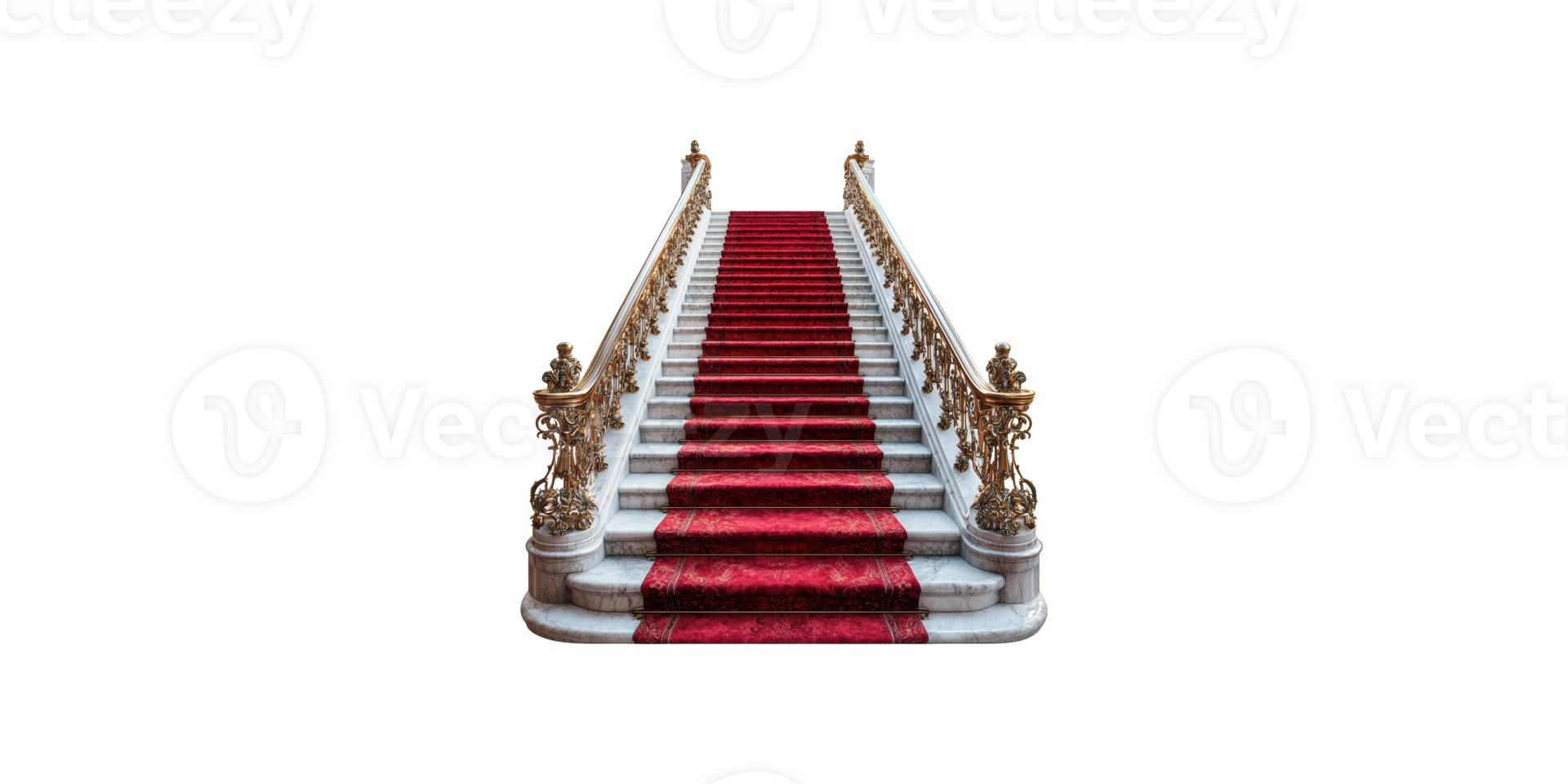 Ornate red carpet stairs with golden railings isolated on transparent background png