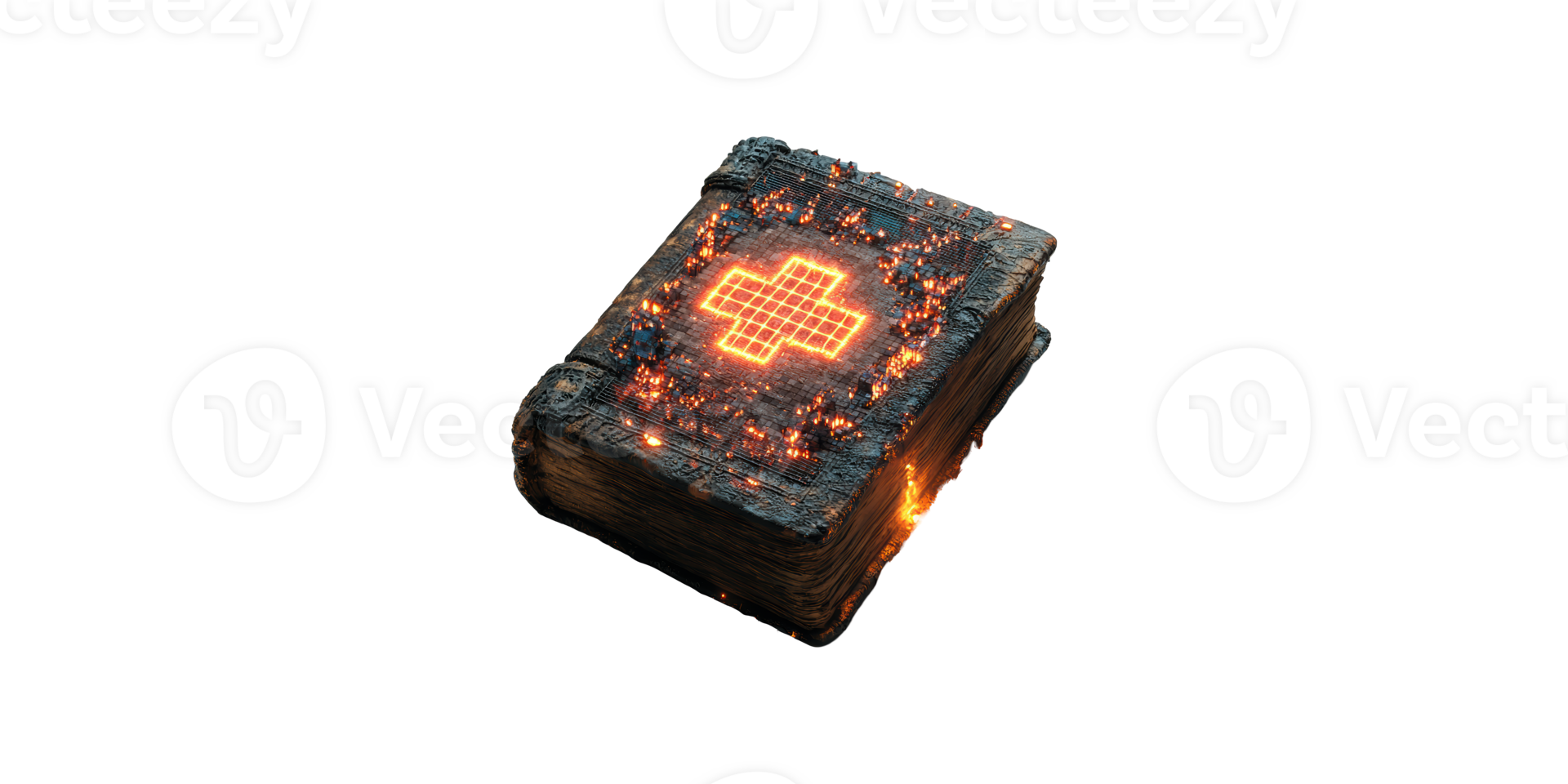 Ancient book with glowing cross symbol isolated on transparent background png