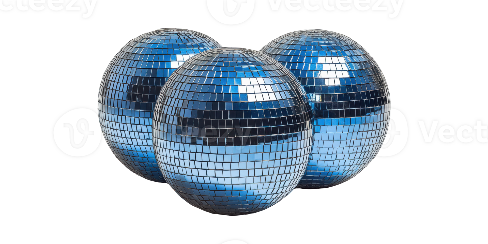 Three blue disco balls reflective surface isolated on transparent background png
