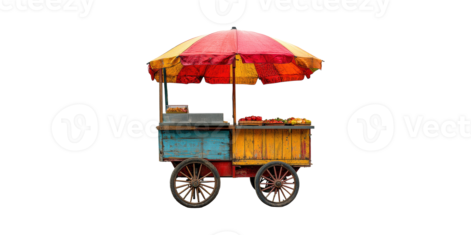 Vintage street food cart with colorful umbrella isolated on transparent background png