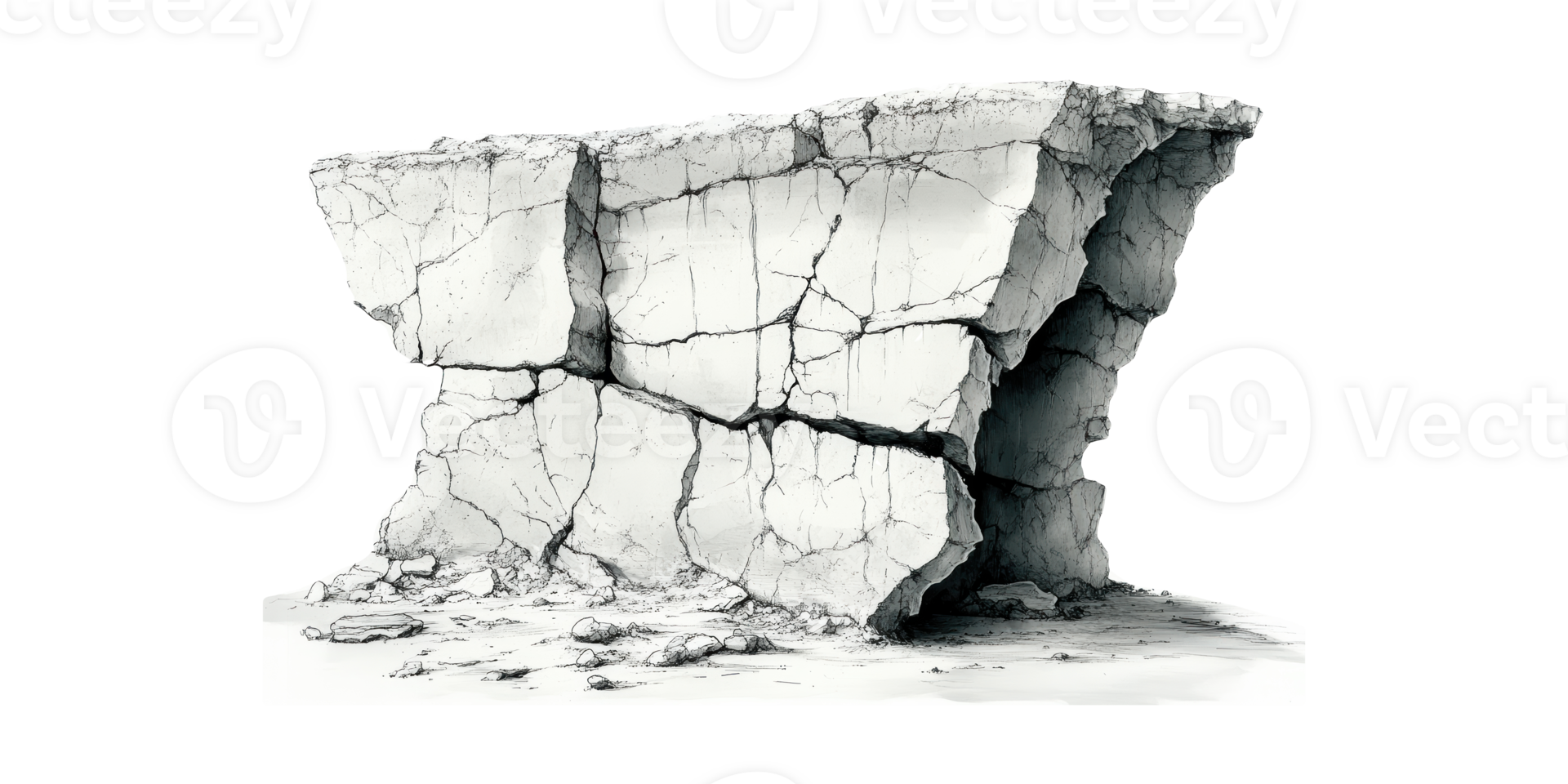 Large cracked stone wall fragment isolated on transparent background png