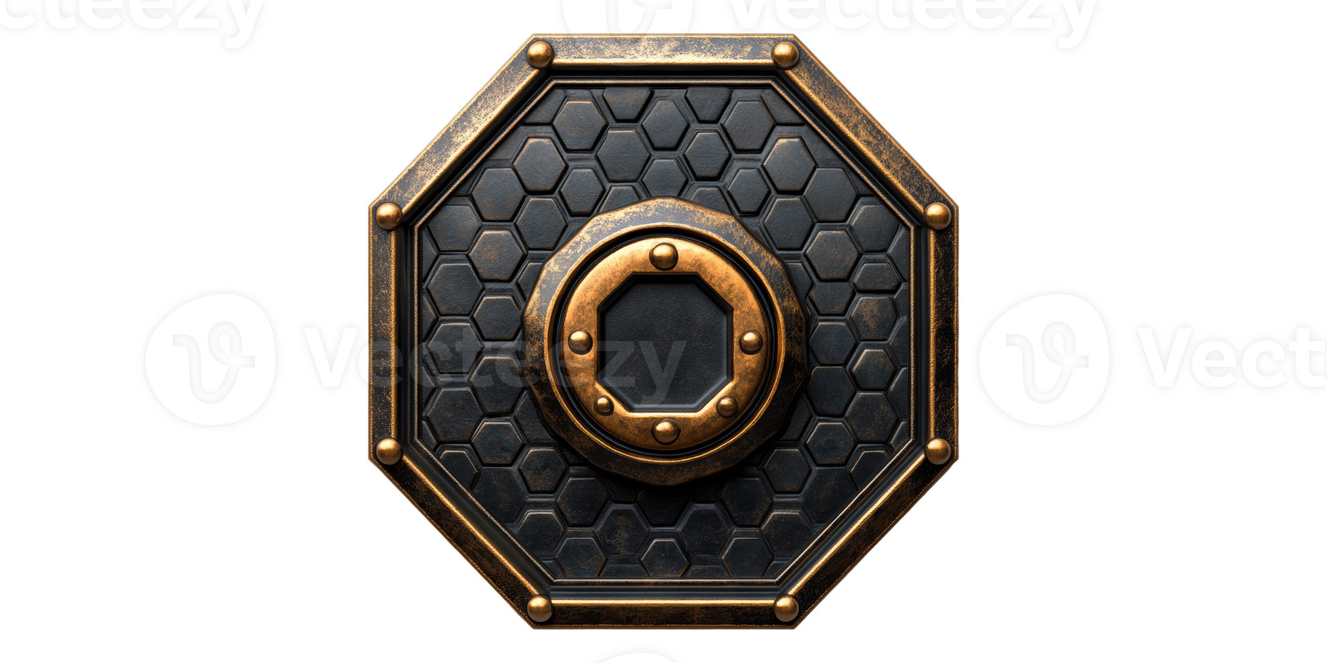 Octagonal bronze and black hexagon pattern shield isolated on transparent background png