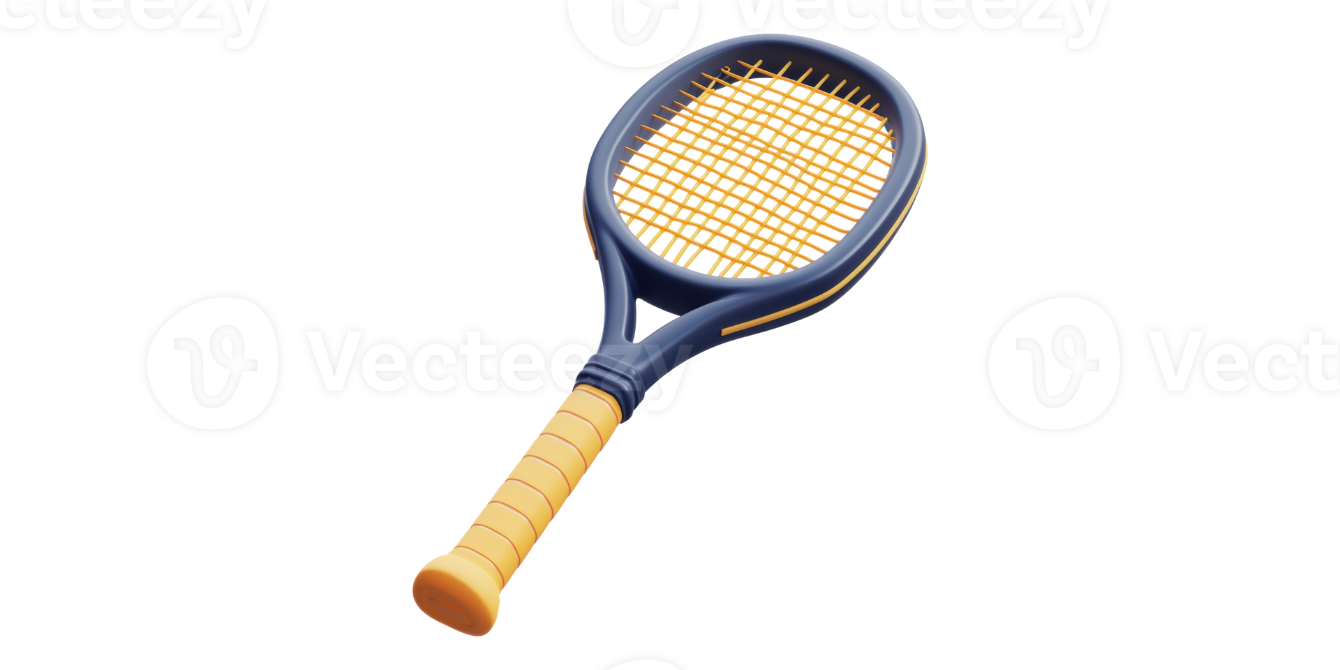 Blue and yellow tennis racket with striped grip isolated on transparent background png