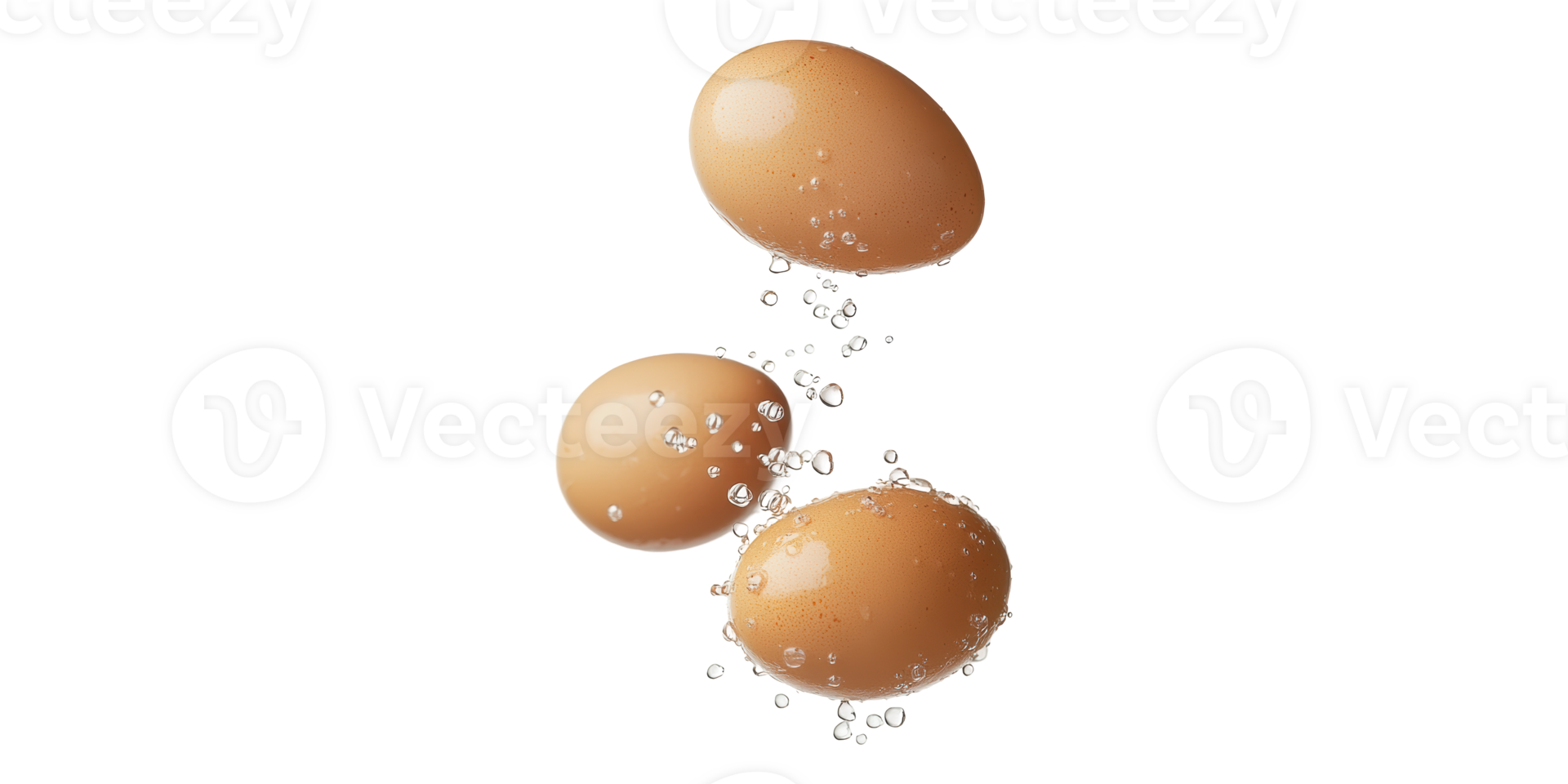 Three brown eggs floating with bubbles isolated on transparent background png