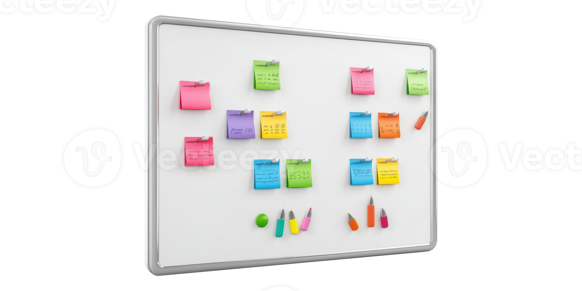 Whiteboard with colorful sticky notes and magnets isolated on transparent background png