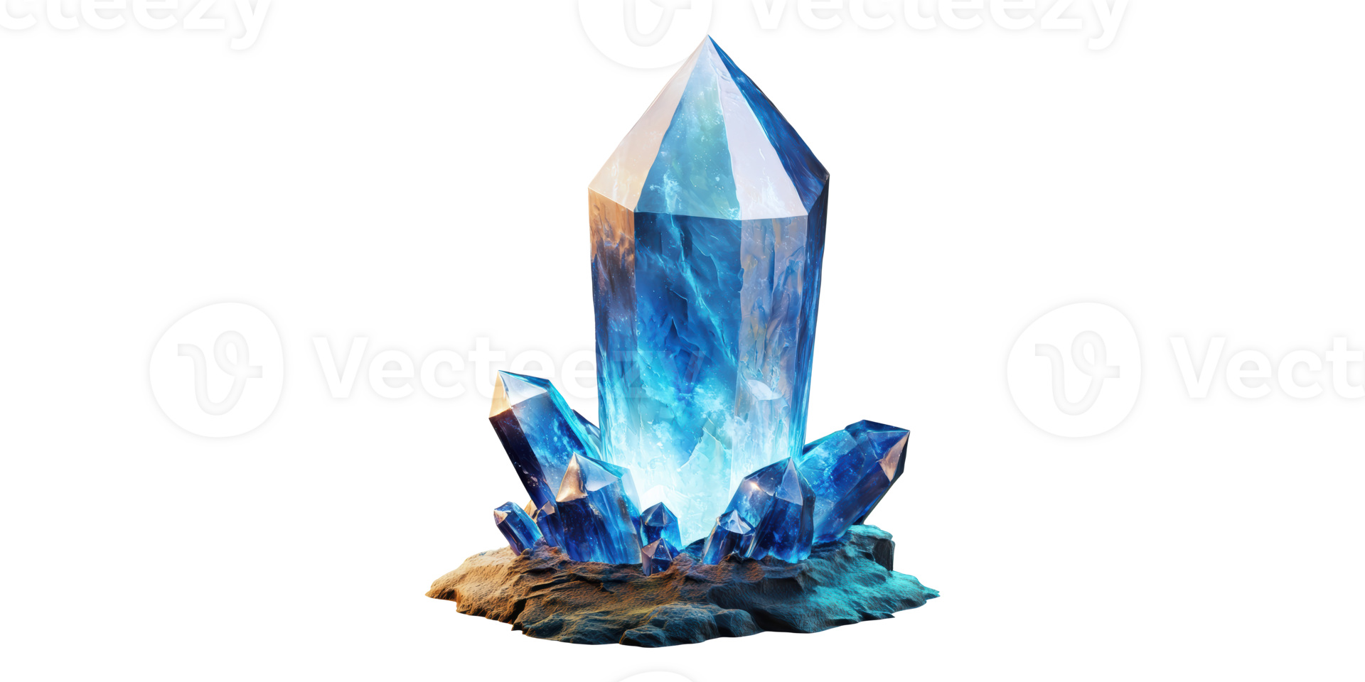 Blue quartz crystal cluster with large central point isolated on transparent background png