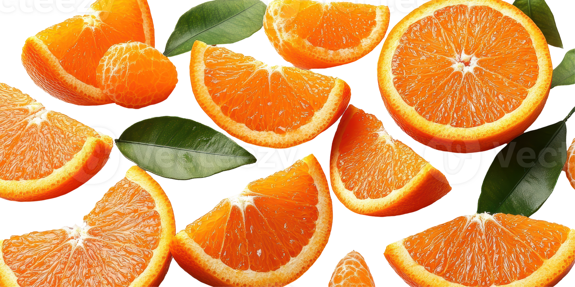 Fresh orange slices and leaves isolated on transparent background png