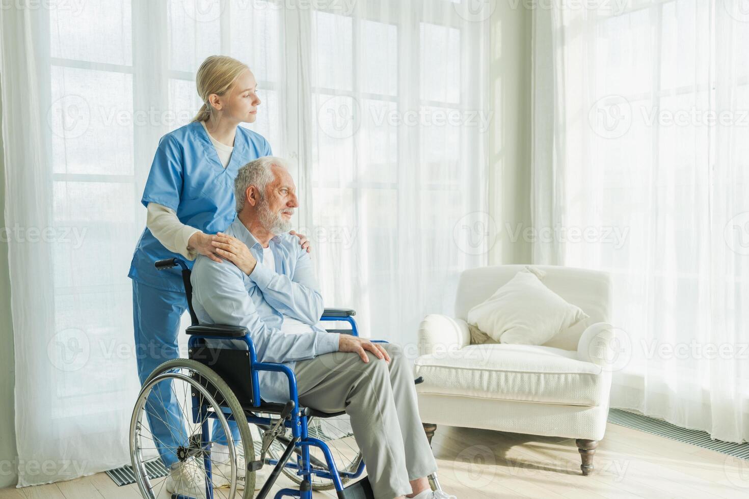 Help support retirement healthcare. Nurse helping old man in wheelchair. Patient and woman in nursing home for medical caregiver. Nurse taking care of paralyzed man in chair for people with disability photo