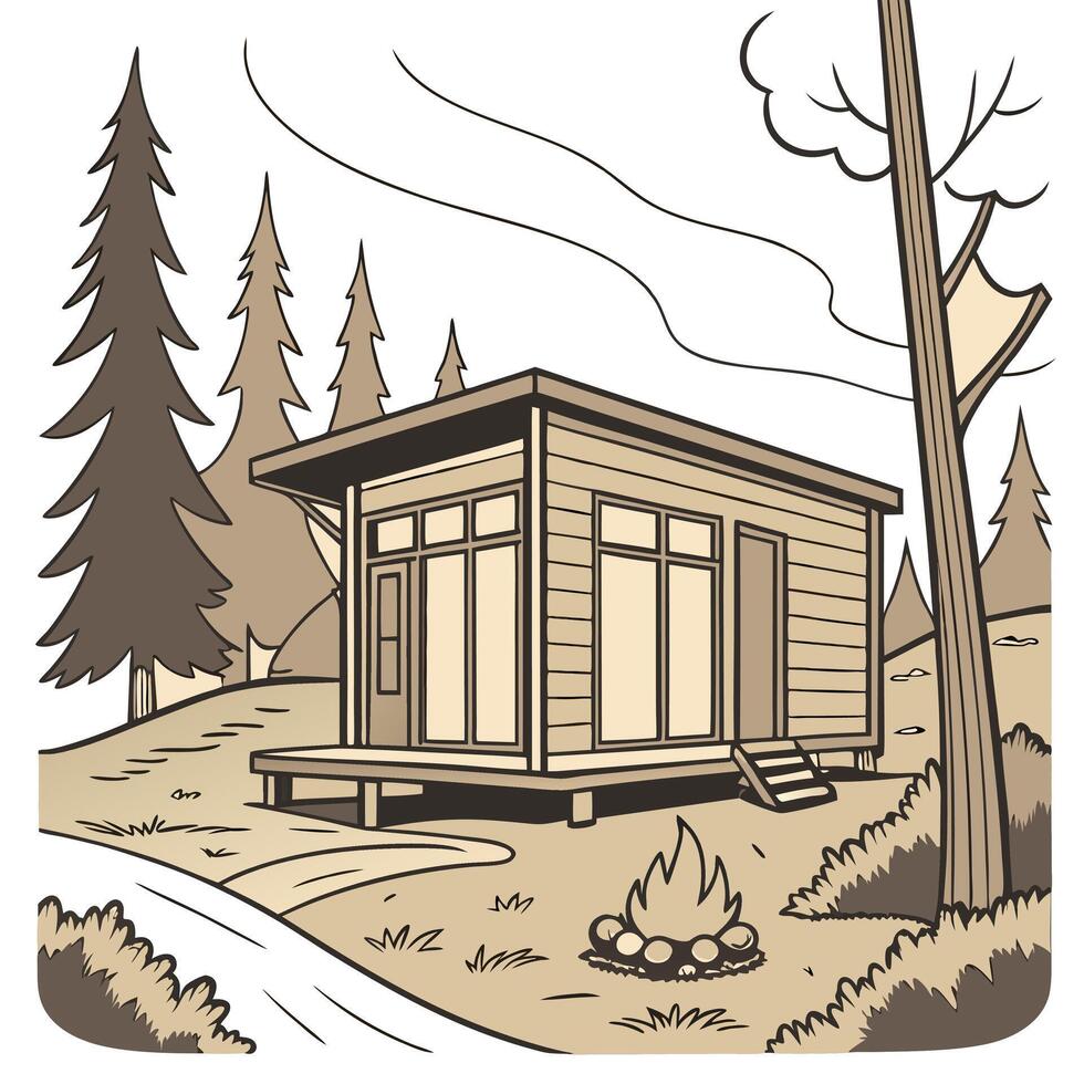 A tiny house on wheels nestled in a natural setting with tall trees, a nearby river, and a campfire outside. The house has a modern design with wooden panels and large windows on a white background vector