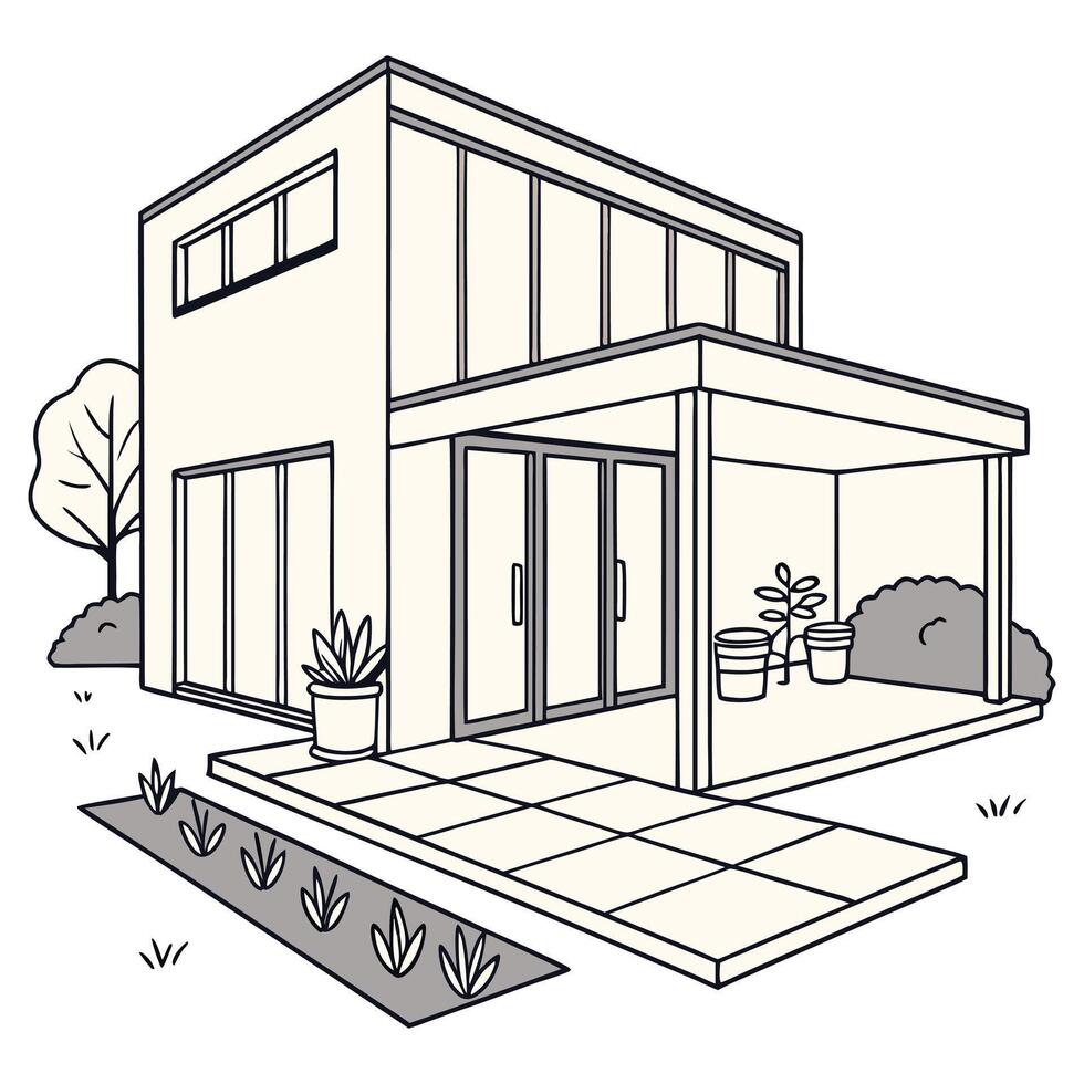 A minimalist house exterior with a boxy, geometric design, flat roof, and large glass panels. Include a small garden with potted plants and a pathway leading to the front door on a white background vector