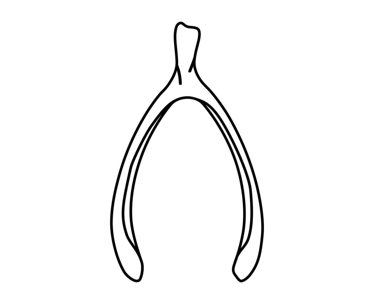 Hand drawn cute outline illustration of wishbone. Flat lucky bone line art doodle. Make a wish. Chicken os talisman icon or sticker. Superstition symbol. Hope for the best. Isolated. vector