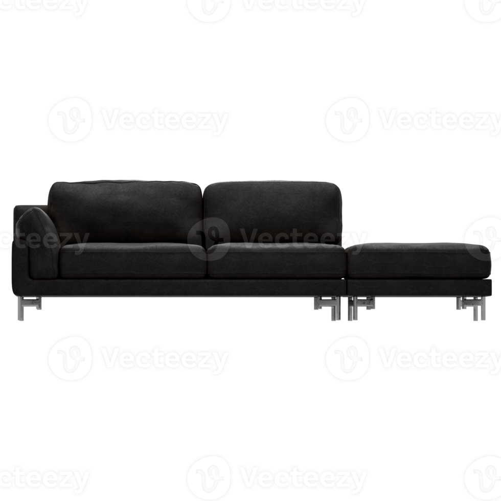 A black couch with a metal frame and a black leather cushion png