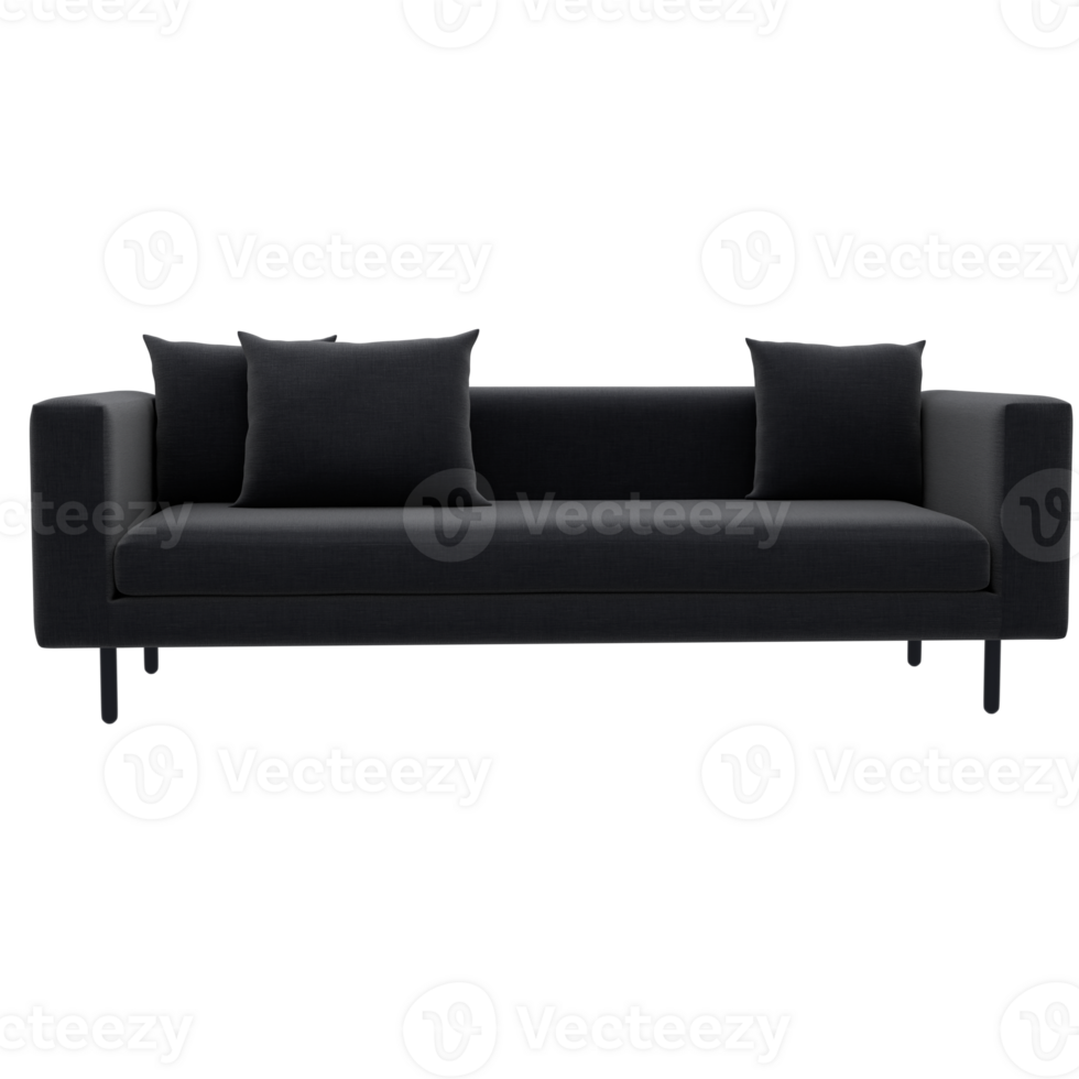 3d render black sofa with pillows on it png