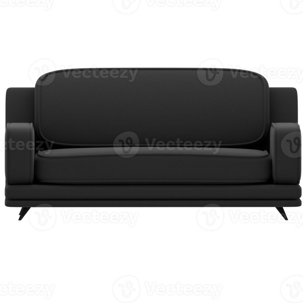 A black couch is shown on a transparent background png