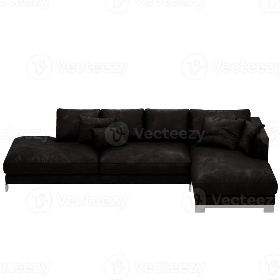 Render 3d black sectional sofa with a chaise png