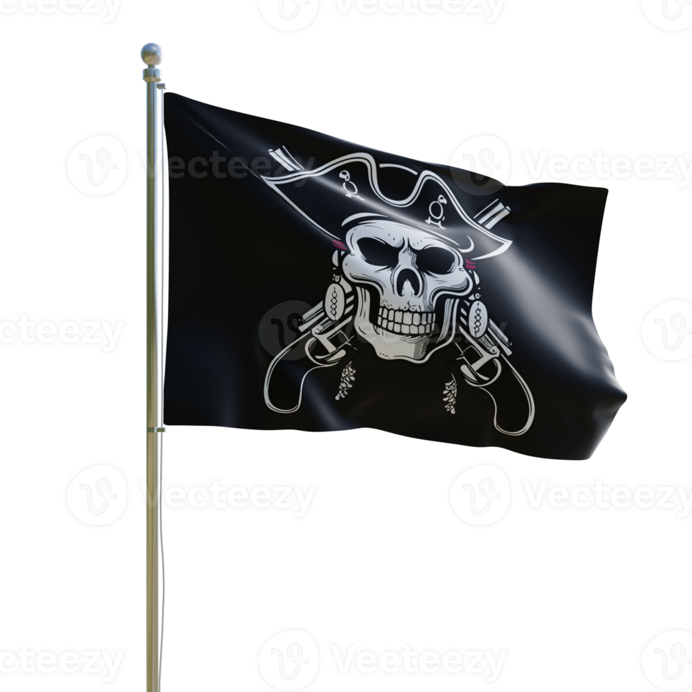 Pirate flag 3d render with skull and crossbones png