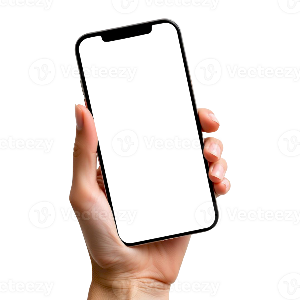 A person holding up a black smartphone with a transparent screen png