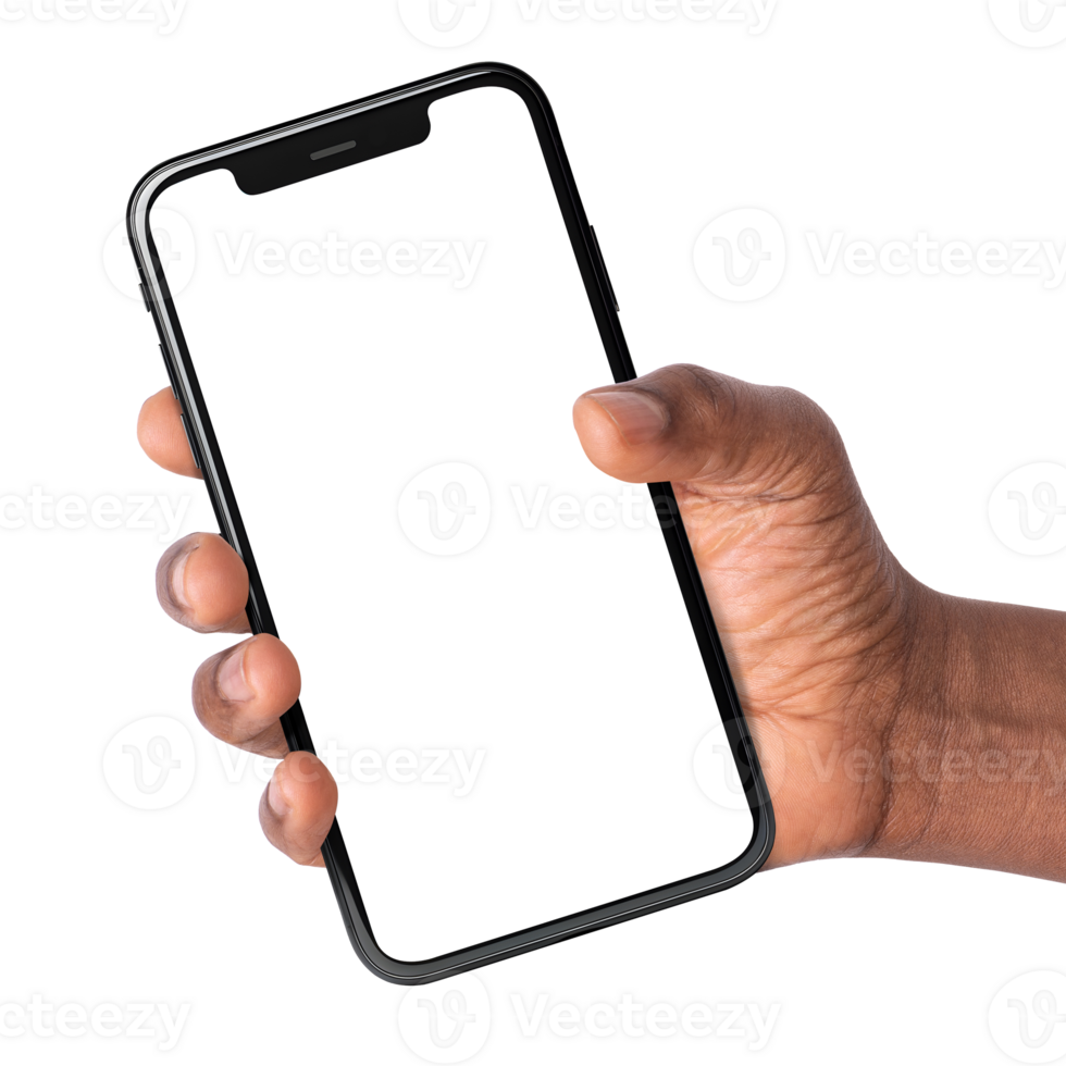 A person holding a black smartphone with a transparent screen png