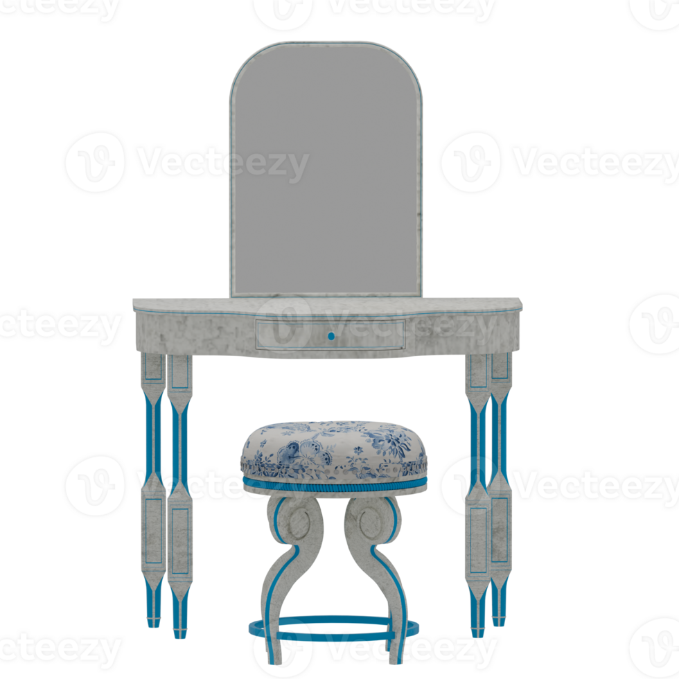 A vanity table with a mirror and stool png