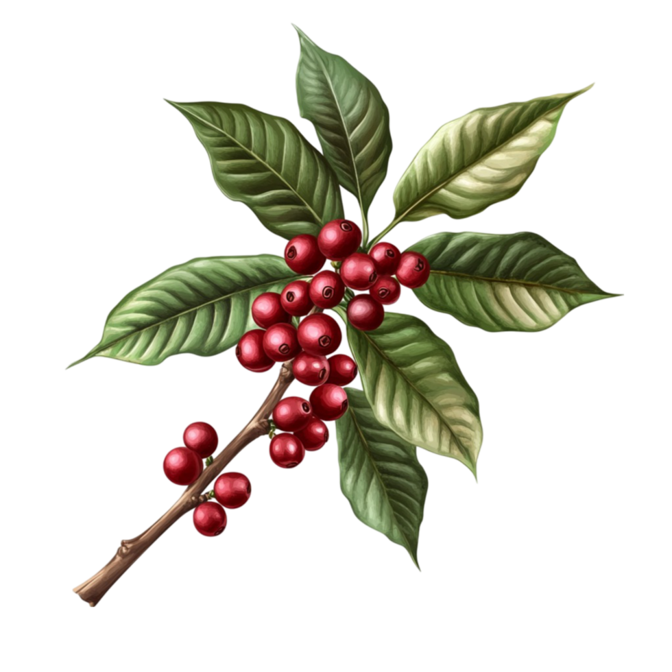 Coffee Plant Branch with Red Berries and Leaves png
