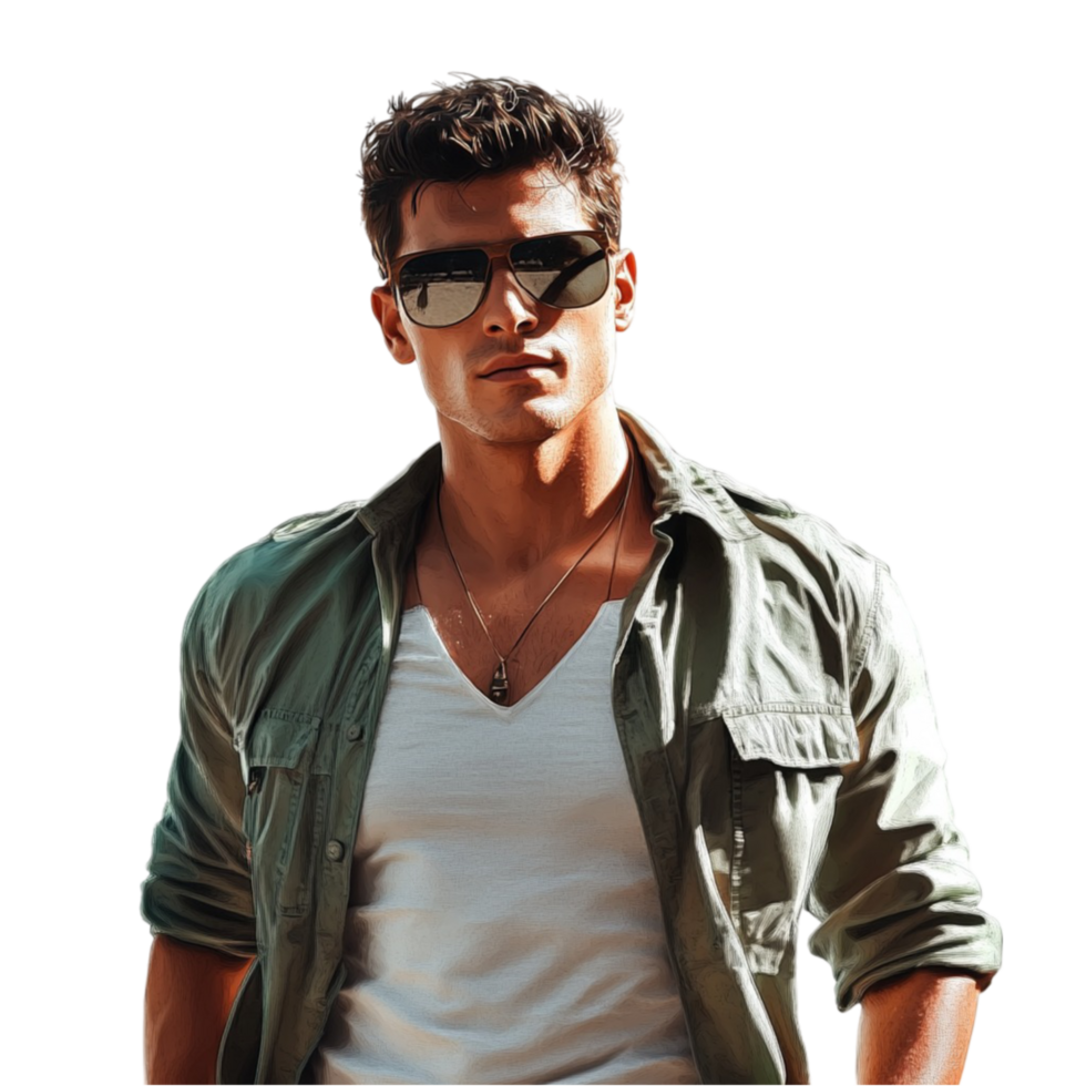 Stylish Man in Green Shirt and Sunglasses Outdoors png