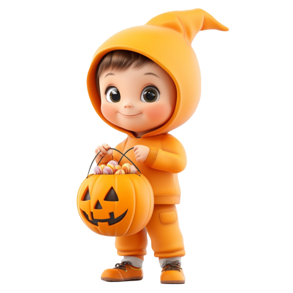 Cartoon Kid in Pumpkin Costume Holding Jack-O'-Lantern png