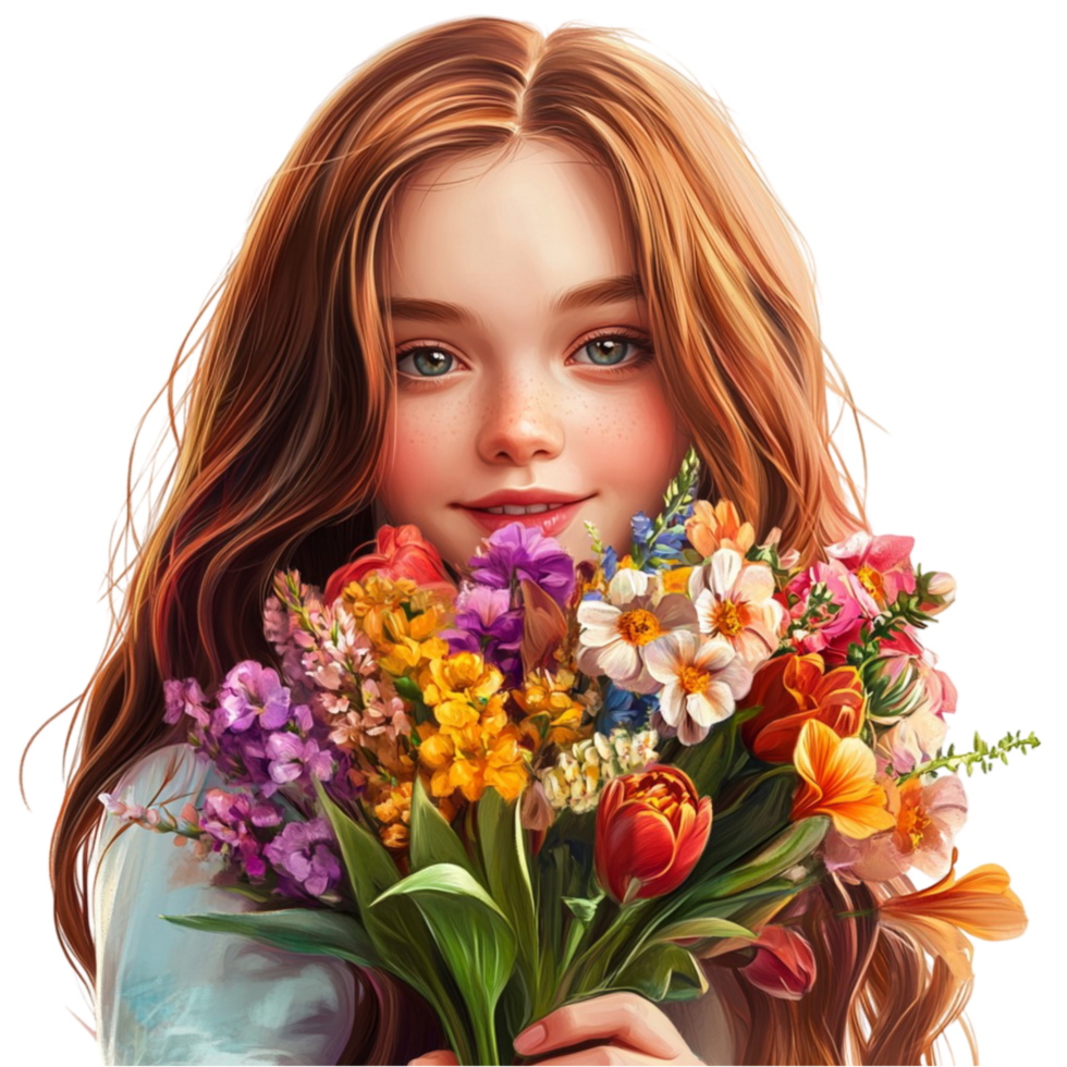 Red-haired Woman Holding a Floral Bouquet in a Soft Light png