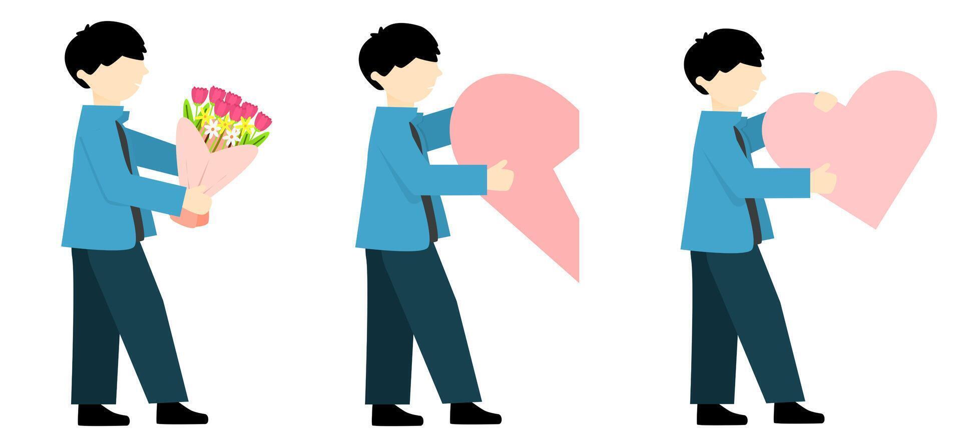 romantic man illustration set. man holding flower bouquet, broken heart and big heart vector