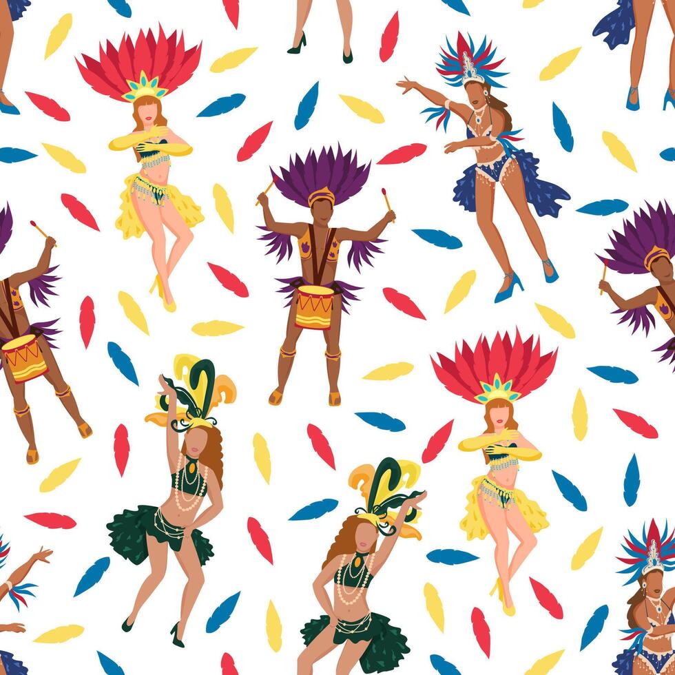 Seamless pattern with samba dancers, drummers and feathers at the Brazilian Carnival. Illustration on a white background vector