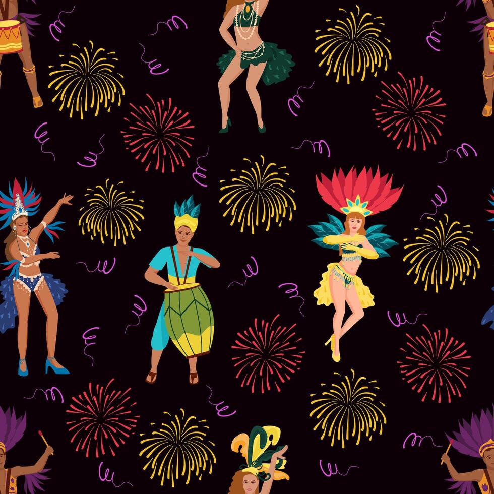 Seamless pattern with samba dancers, drummers and fireworks at the Brazilian Carnival. Illustration on a dark background. vector