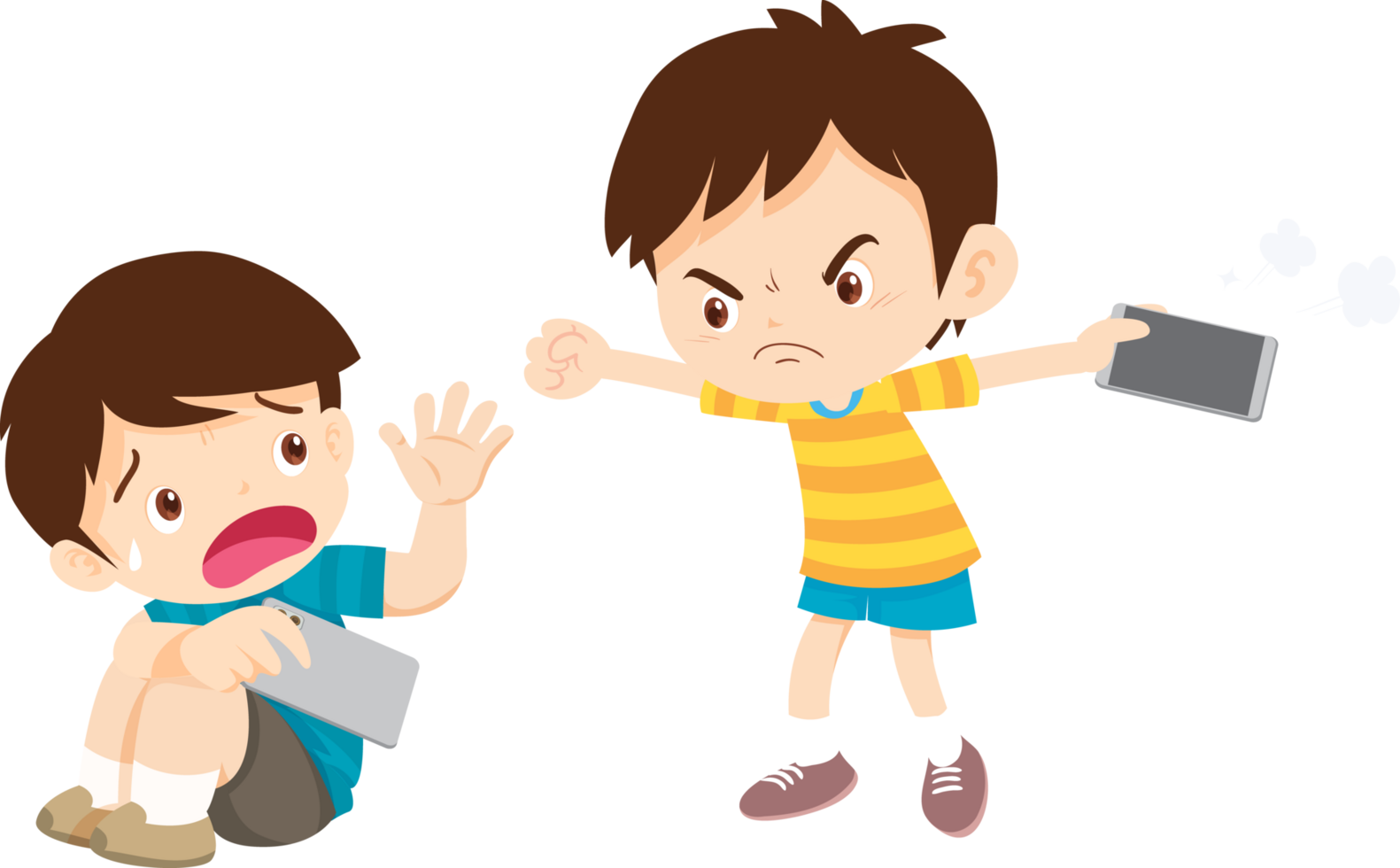 Boy pushing a friend out of anger over a digital dispute png