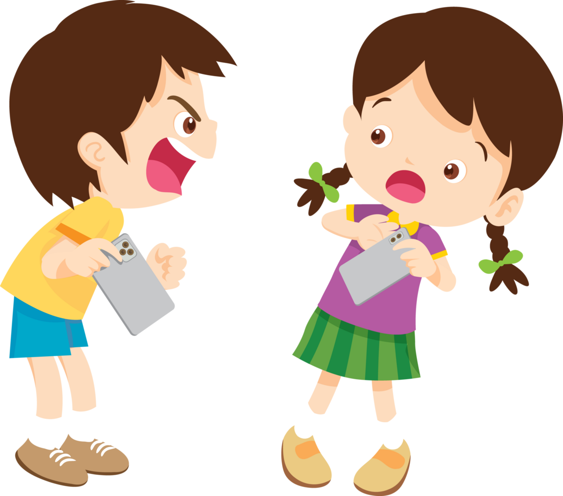 Young children quarreling over the control of a digital device png