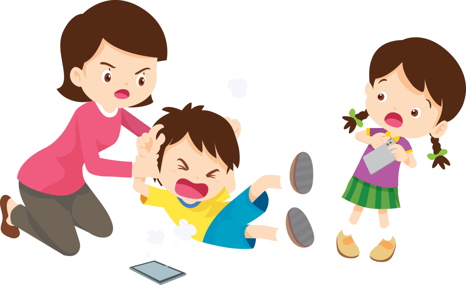 Parents struggling to separate kids fighting over a mobile device png