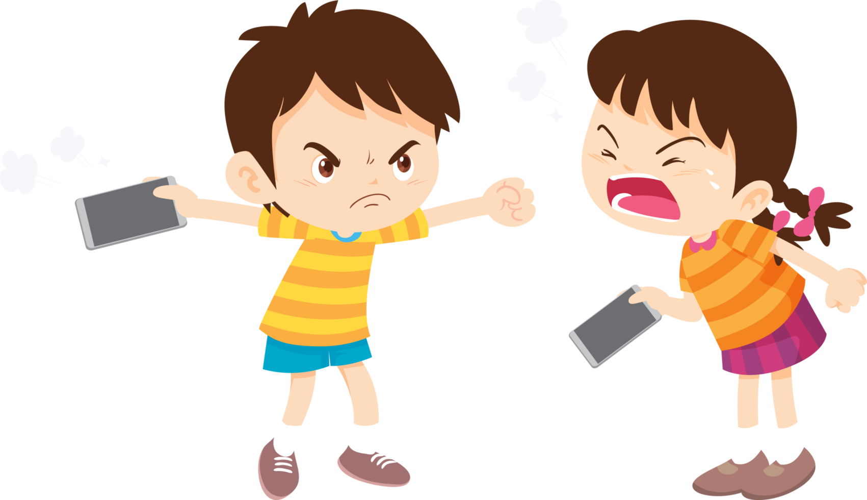 Young boy and girl arguing while holding tablet, illustrating digital conflict png