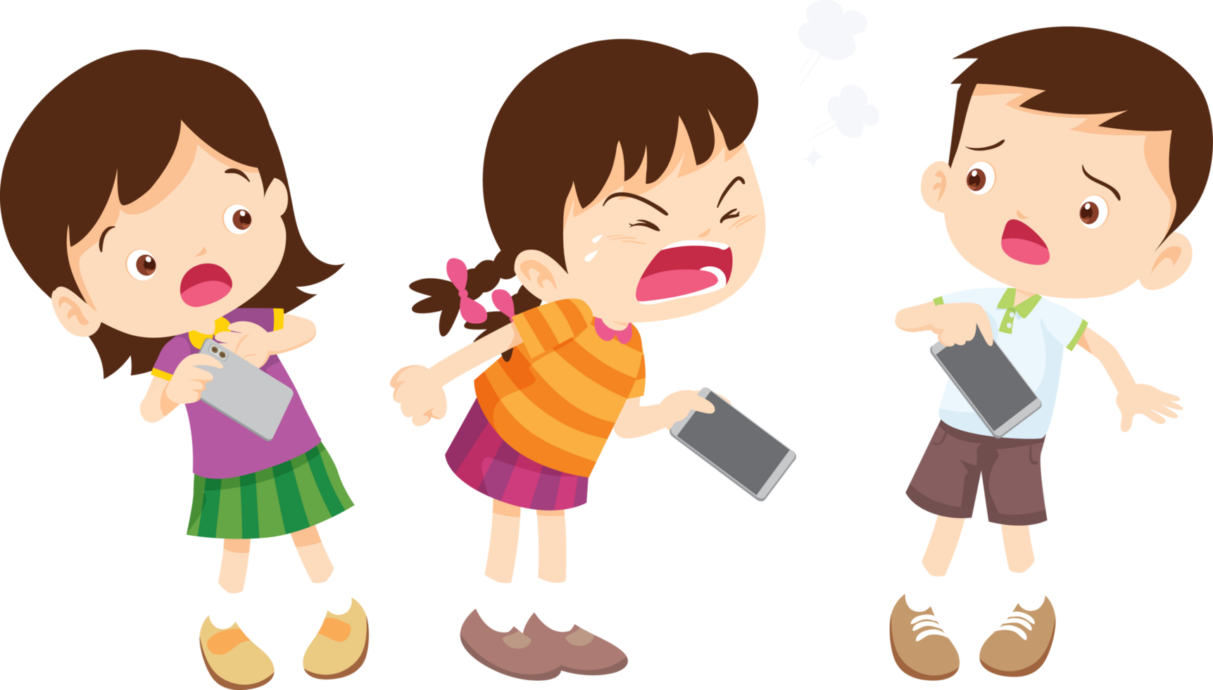 Young boy and girl arguing while holding a tablet, illustrating digital conflict png