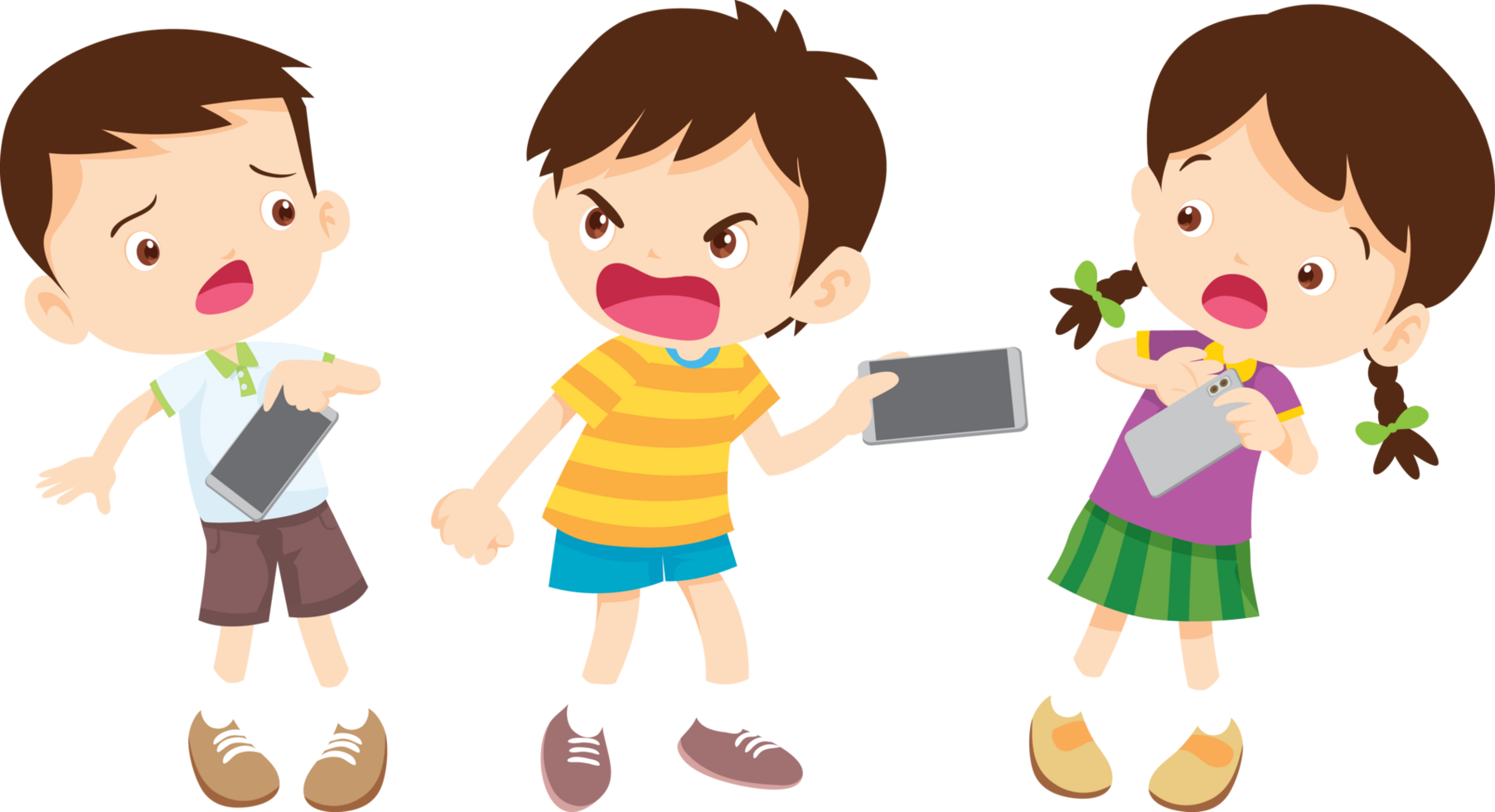 Angry children fighting over a smartphone, showing mobile addiction problems png