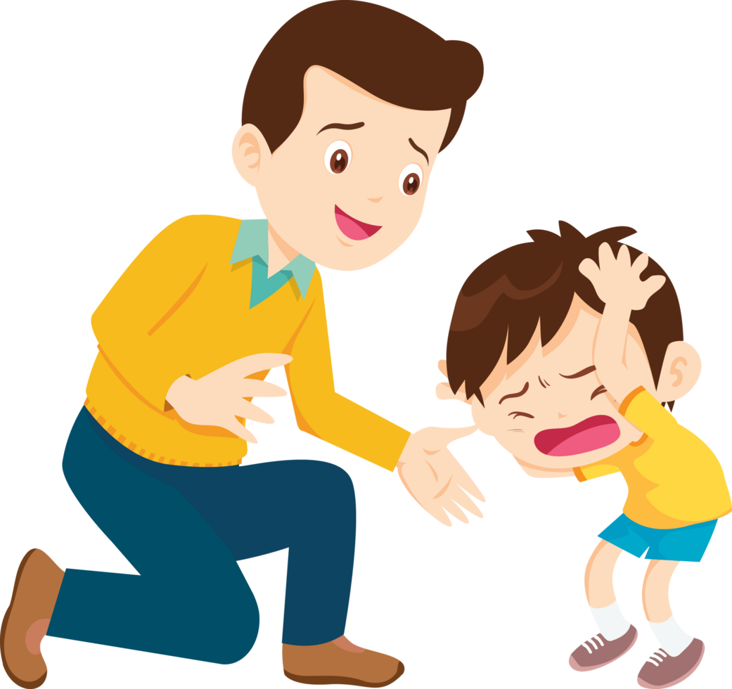 Boy crying and being consoled by dad png